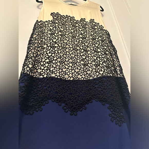 3.1 Phillip Lim cream and navy silk mini dress with black floral overlay- size 8 - Picture 8 of 12